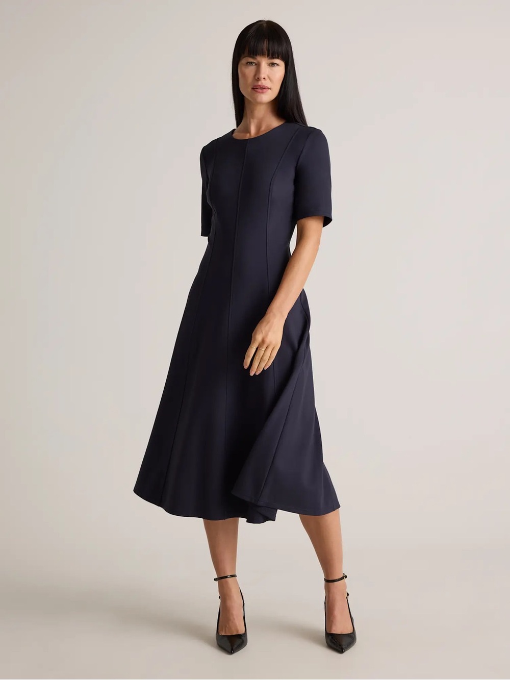 NWT Quince Ultra-Stretch Ponte Short Sleeve Midi Dress Navy L